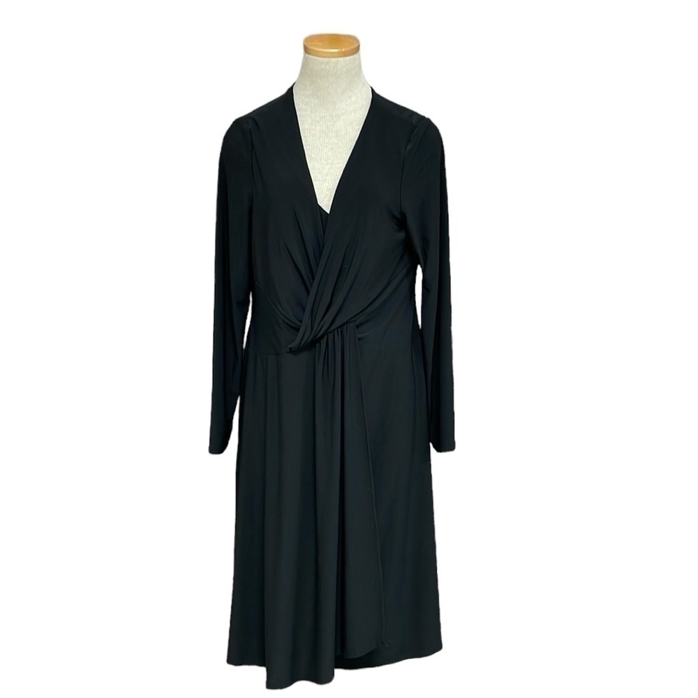Jones New York Dress Womens 14 Black V-Neck A-Line Long Sleeve Midi